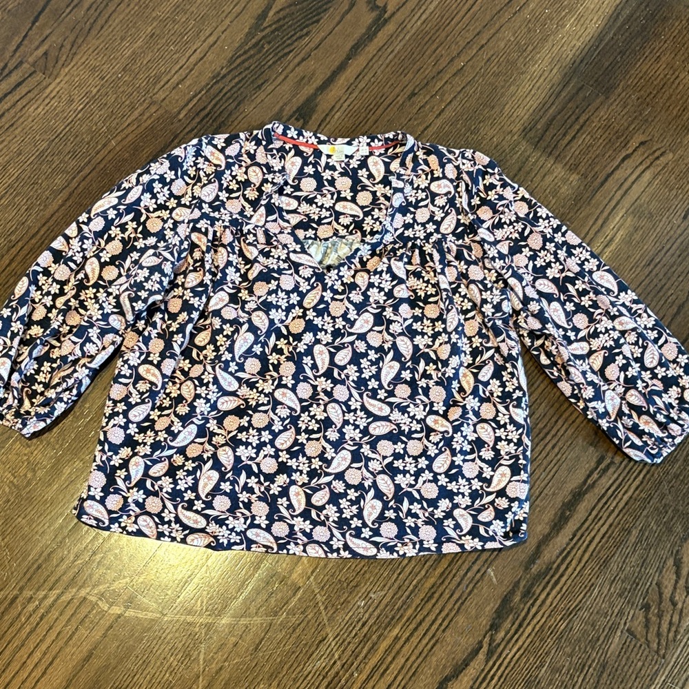 Boden Navy Paisley Floral Blouse with Pink and Cream Accents